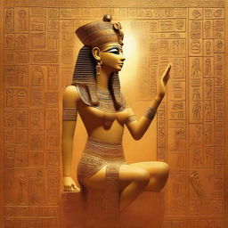 The Egyptian solar goddess from the Ennead pantheon, Ra, radiantly emanating golden light against a backdrop of ancient hieroglyphs.