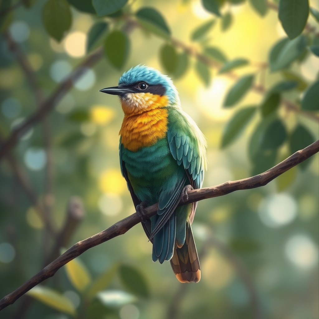 A beautifully detailed digital painting of a bird perched on a branch, showcasing vibrant colors and intricate feather patterns