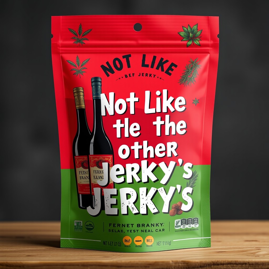 A unique and eye-catching beef jerky label design titled 'Not Like the Other Jerky's'