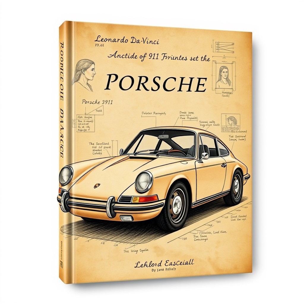 A book cover design featuring a classic Porsche 911 car illustrated in the style of Leonardo da Vinci's sketches