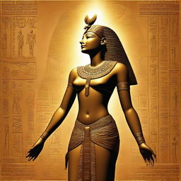 The Egyptian solar goddess from the Ennead pantheon, Ra, radiantly emanating golden light against a backdrop of ancient hieroglyphs.