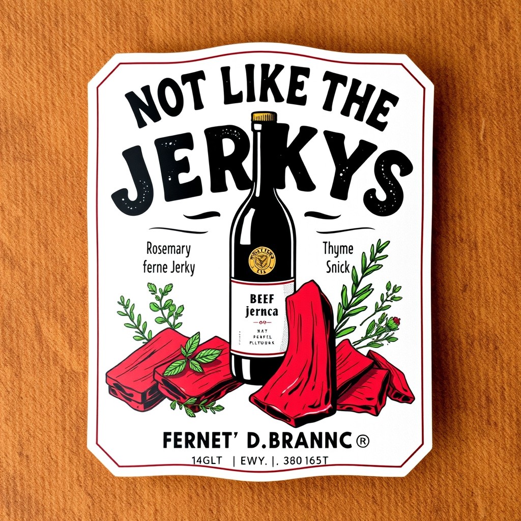 A vibrant beef jerky label design featuring the humorous and catchy name 'Not Like the Other Jerkys'
