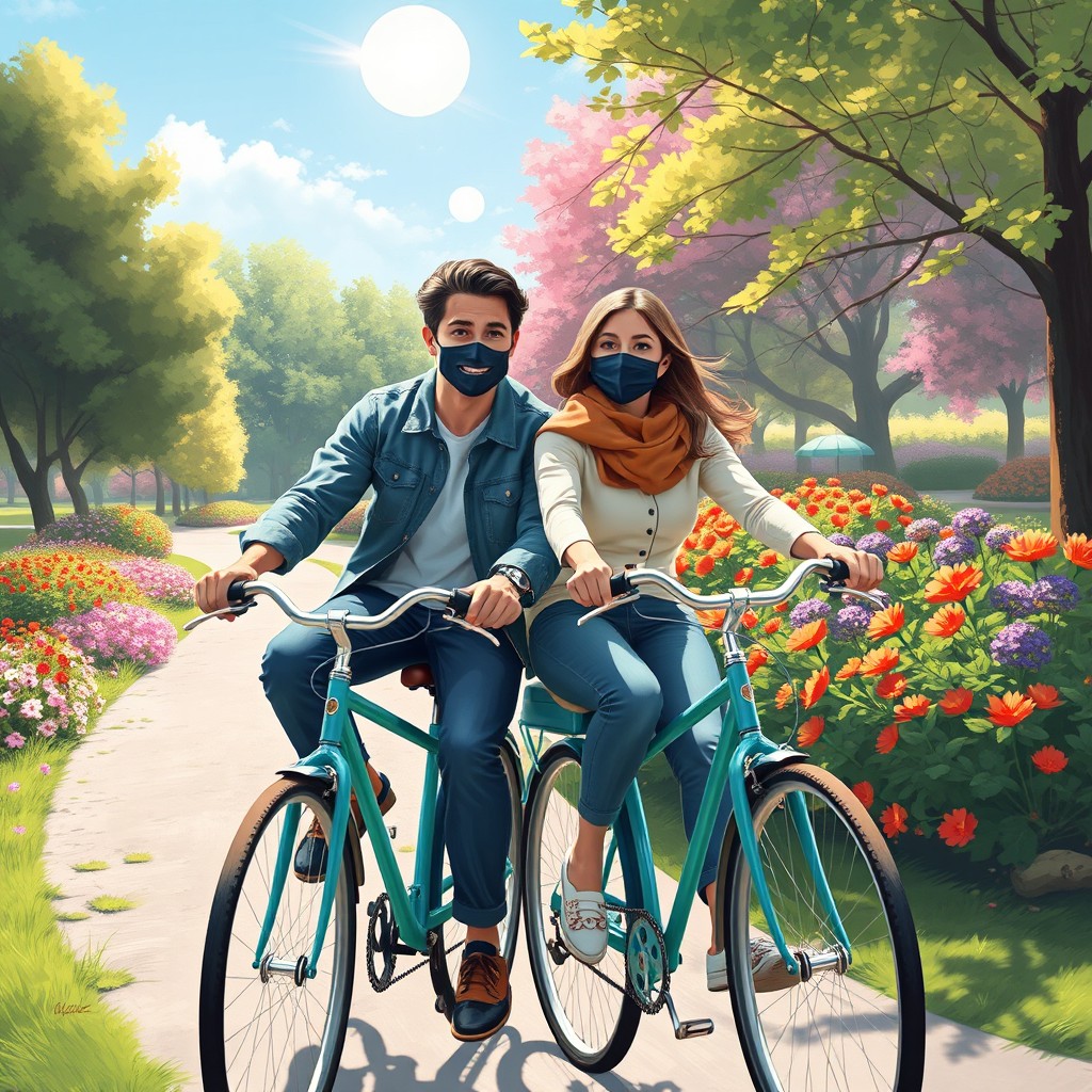 A beautiful digital painting of a couple riding bicycles together, both wearing stylish masks