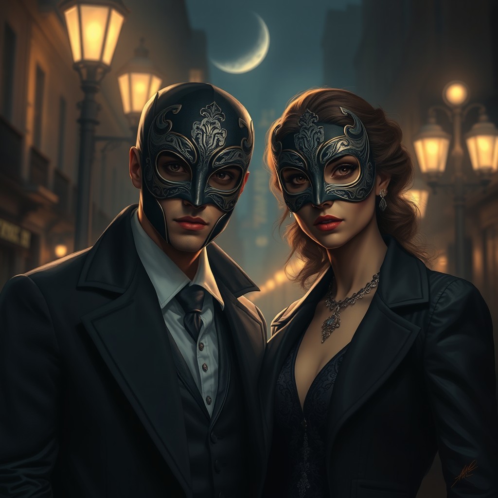 A captivating digital painting of a suspicious couple, both wearing elegant masks that partially conceal their identities
