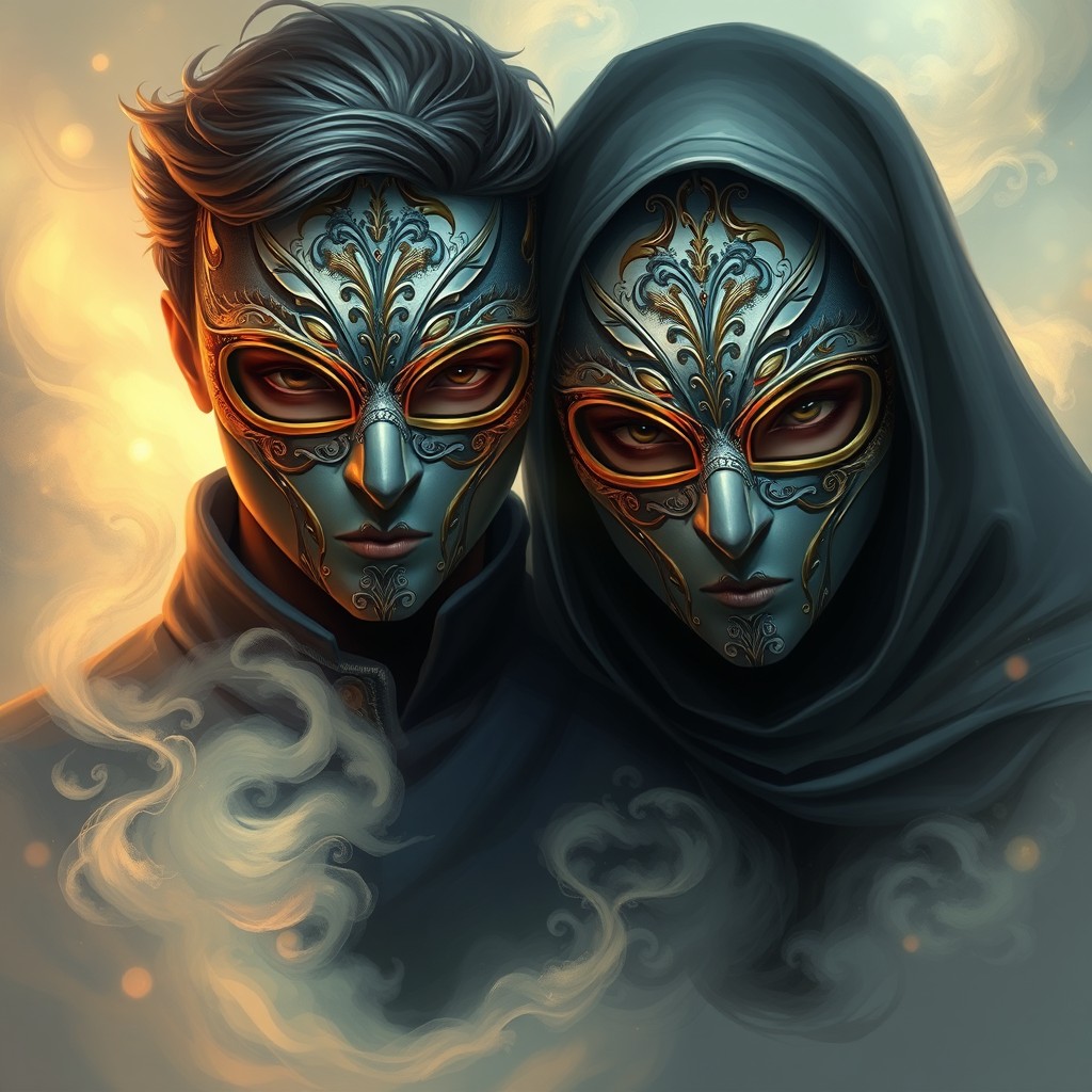 A beautiful digital painting art depicting a mysterious couple wearing elegant masks, set against a softly lit, dreamlike background