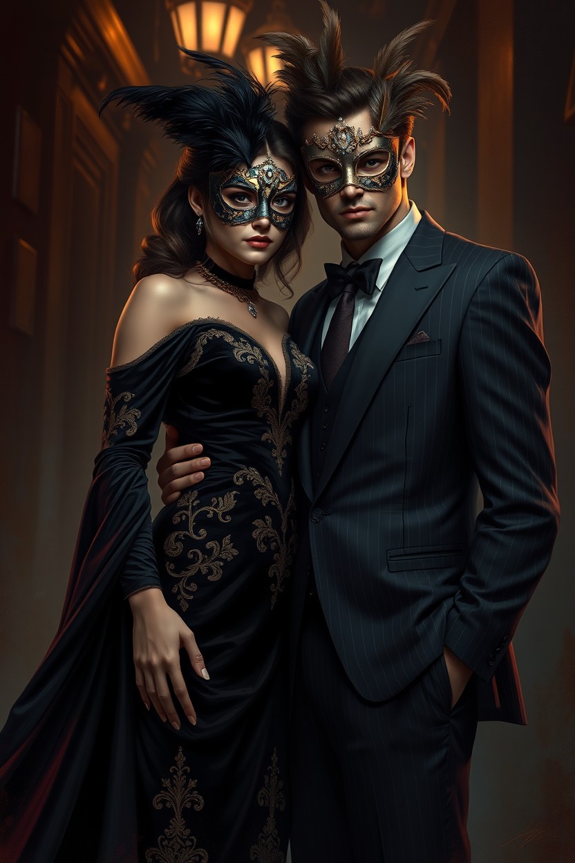 A captivating digital painting depicting a suspicious couple wearing elegant masks