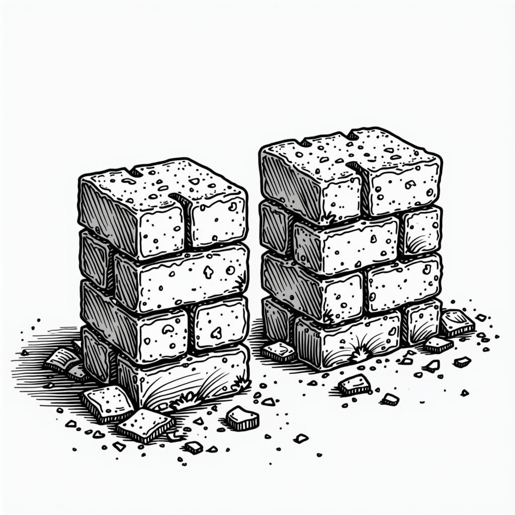 Two bricks, one of them broken into two pieces, placed against a pure white background