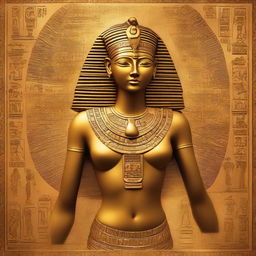 The Egyptian solar goddess from the Ennead pantheon, Ra, radiantly emanating golden light against a backdrop of ancient hieroglyphs.