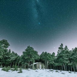 An image inspired by the pinned reference, showcasing a serene winter landscape with snow-covered pine trees and rustic wooden cabins under a pristine clear, starry sky.