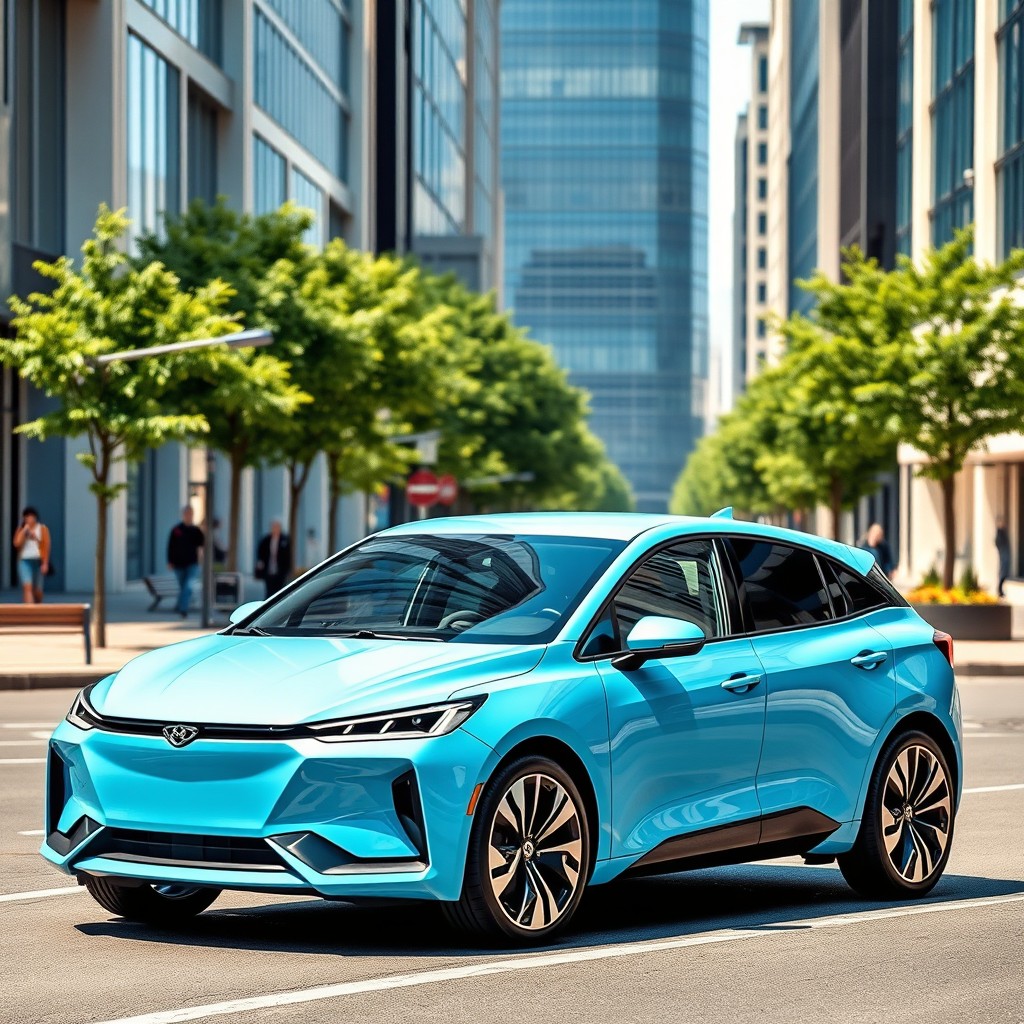 A stunning Geely Geometry C car elegantly parked on a modern city street, showcasing its futuristic, aerodynamic design with smooth lines and a contemporary electric blue color