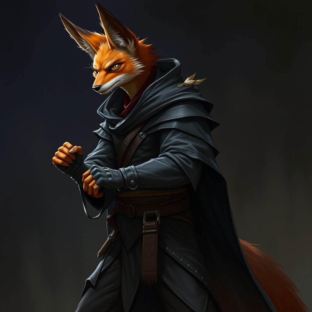 A tall and slender adult werefox rogue depicted in a serious battle stance, showcasing a blend of grace and intensity
