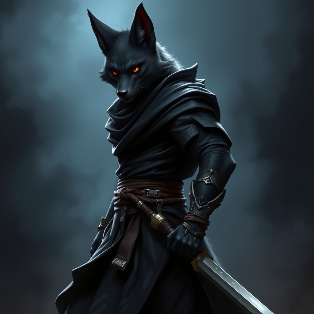 A tall and fit adult black werefox, depicted in a serious battle stance that highlights his athletic build and readiness