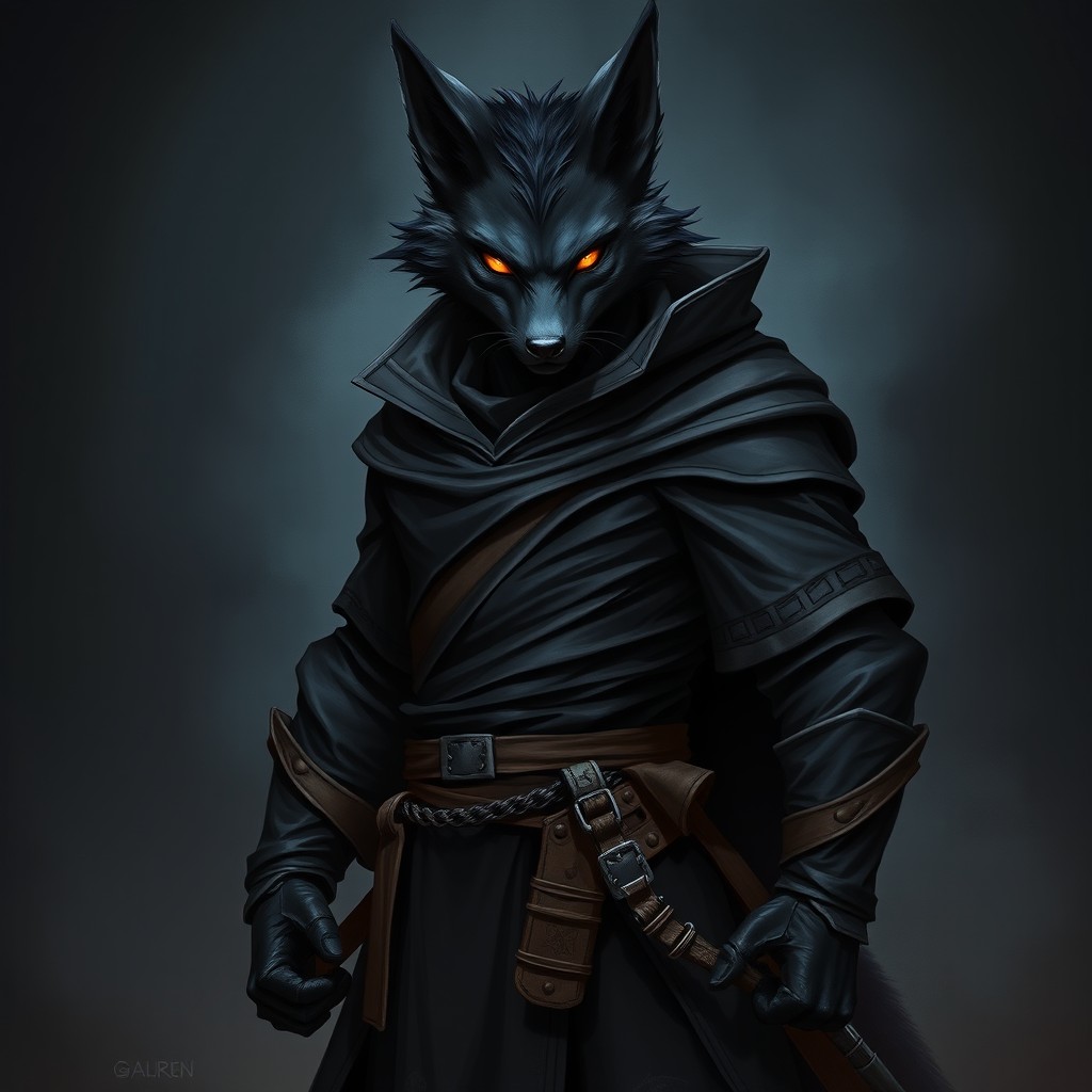 A tall and fit adult black werefox rogue portrayed in a serious battle stance, exuding confidence and readiness