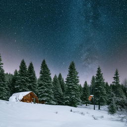 An image inspired by the pinned reference, showcasing a serene winter landscape with snow-covered pine trees and rustic wooden cabins under a pristine clear, starry sky.