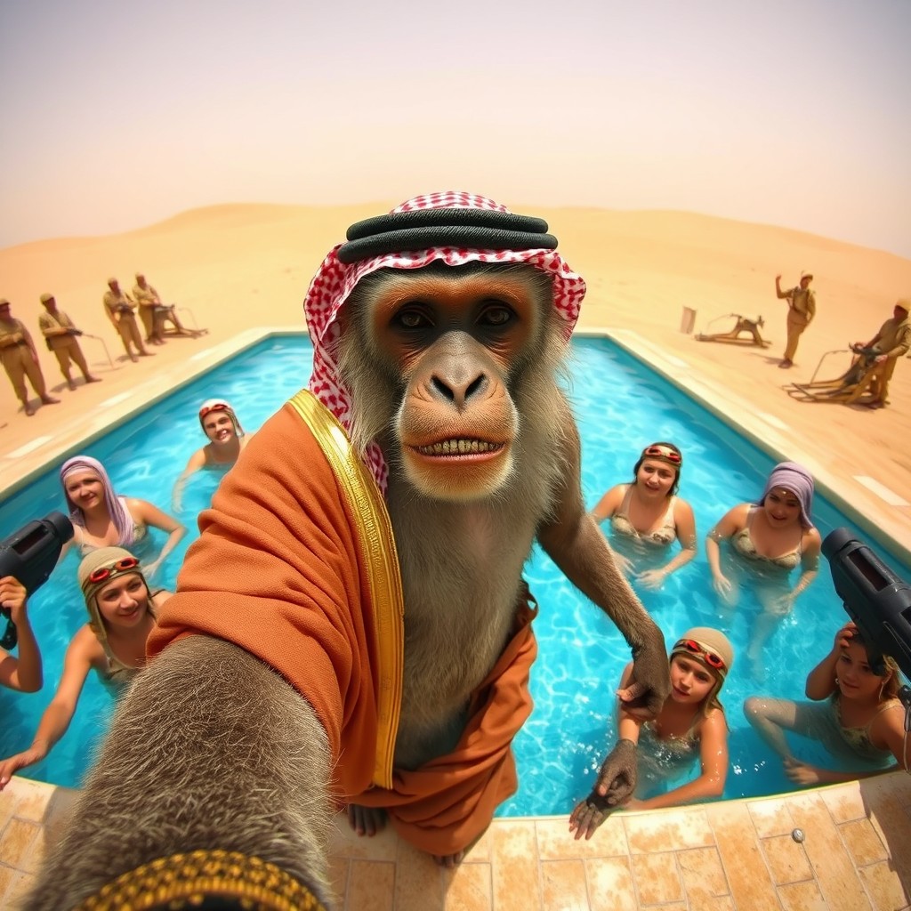An elderly monkey wearing traditional Saudi attire at a swimming pool in the desert, surrounded by Gulf girls swimming around him