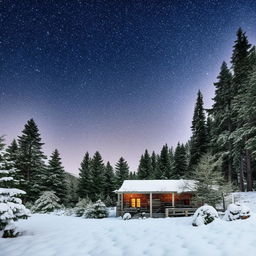 An image inspired by the pinned reference, showcasing a serene winter landscape with snow-covered pine trees and rustic wooden cabins under a pristine clear, starry sky.