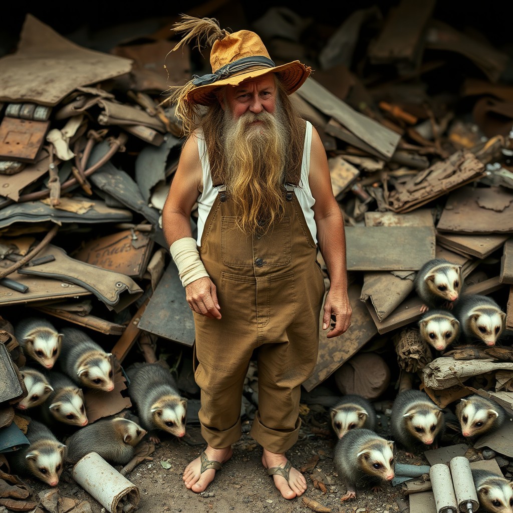 An elderly man with a very long, unkempt beard adorned with a bandage, wearing a torn scarecrow hat, a white tank top, and brown overalls