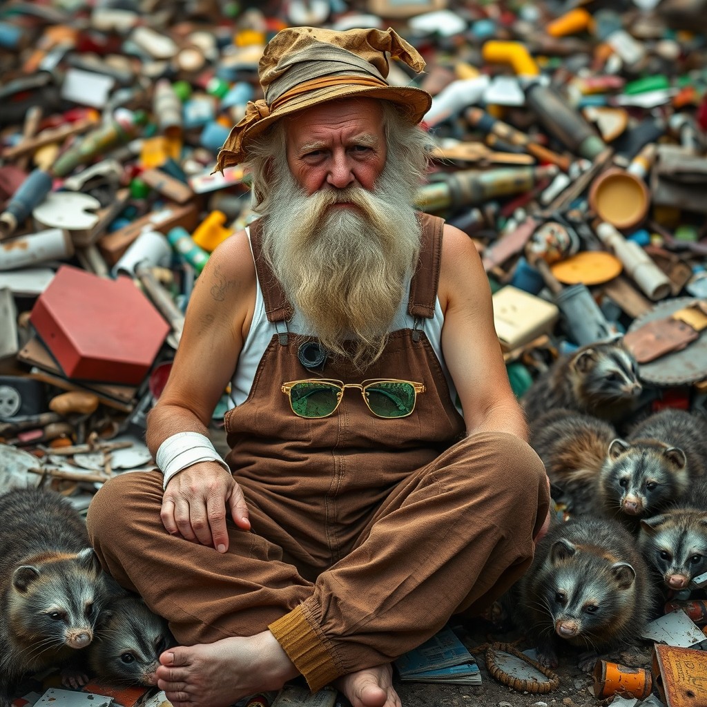 An elderly man sitting in a colorful dump filled with various discarded items