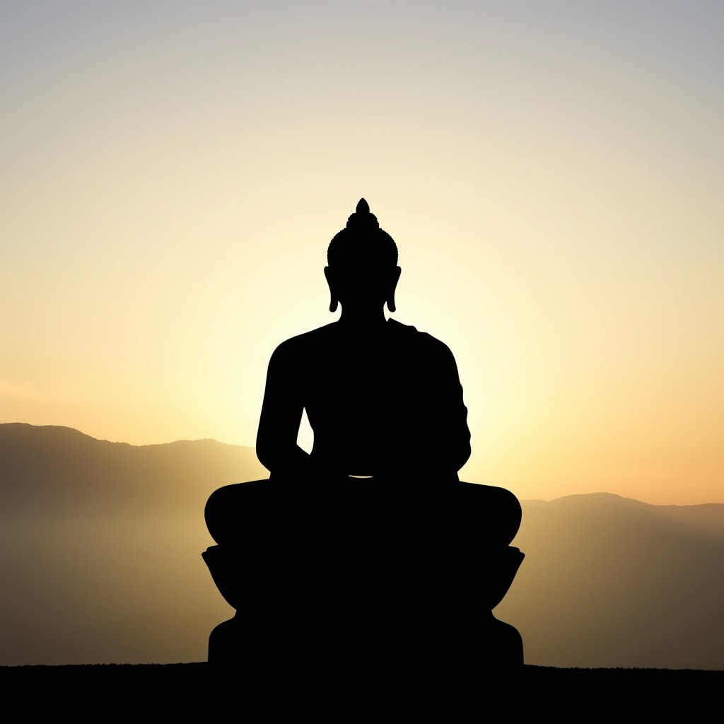 A grand silhouette of Buddha Gautama in a meditative pose, appearing as a large shadow in front of the viewer