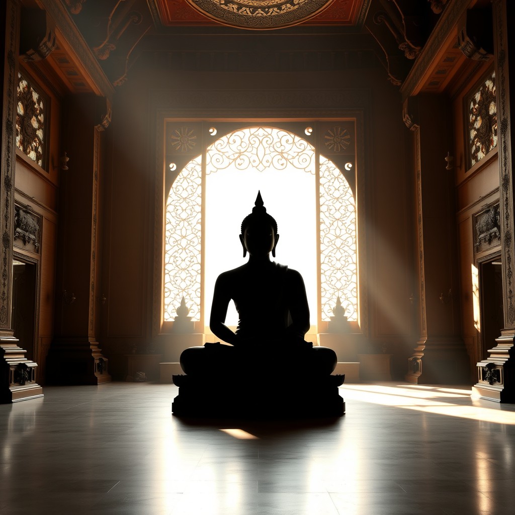 A silhouette of a large figure in a grand temple or shrine setting, depicting Gautama Buddha in a meditative pose