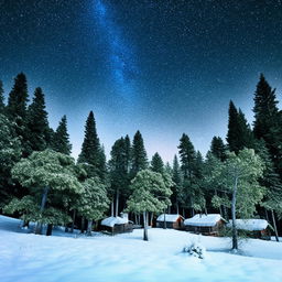 An image inspired by the pinned reference, showcasing a serene winter landscape with snow-covered pine trees and rustic wooden cabins under a pristine clear, starry sky.