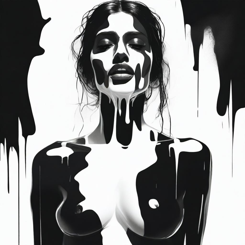 An edgy digital art piece depicting an Indian woman with a thick white liquid poured on her mouth, neck, and black bikini