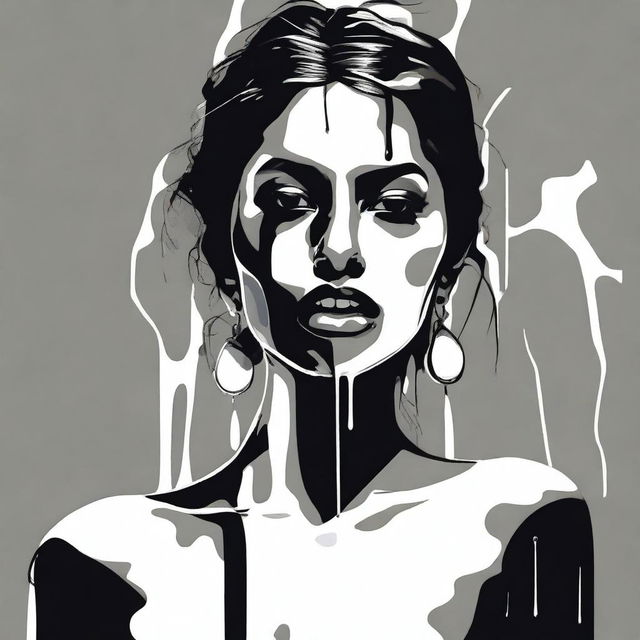 An edgy digital art piece depicting an Indian woman with a thick white liquid poured on her mouth, neck, and black bikini