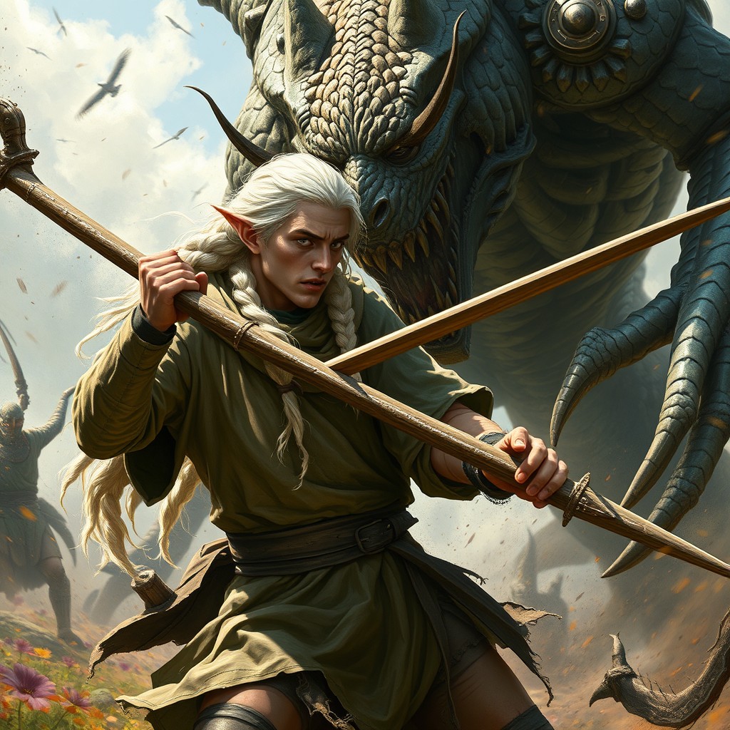 A dramatic scene depicting a male wanderer elf with long braided white hair and yellow eyes, struggling in a fierce battle against a towering draconate warrior