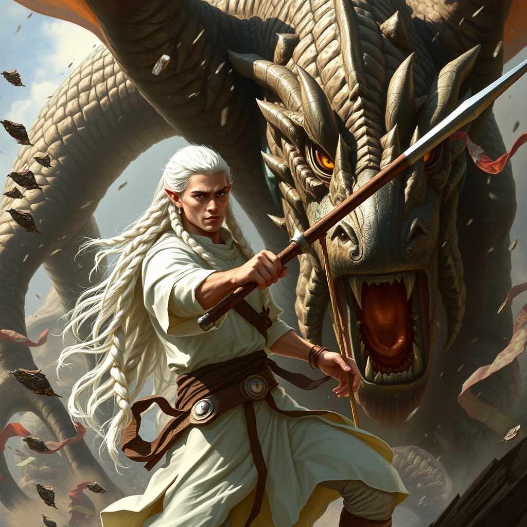 A male wanderer elf with long braided white hair and striking yellow eyes, dressed in a flowing white tunic, is depicted in a dramatic scene where he is losing a fight against a massive draconate warrior