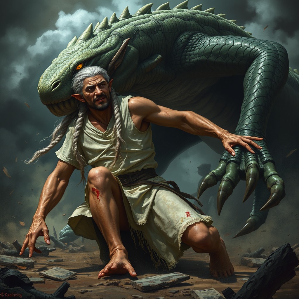 In a dramatic moment, a male wanderer elf with long braided white hair and glowing yellow eyes is depicted in a fierce battle scene, losing against a gigantic reptilian warrior