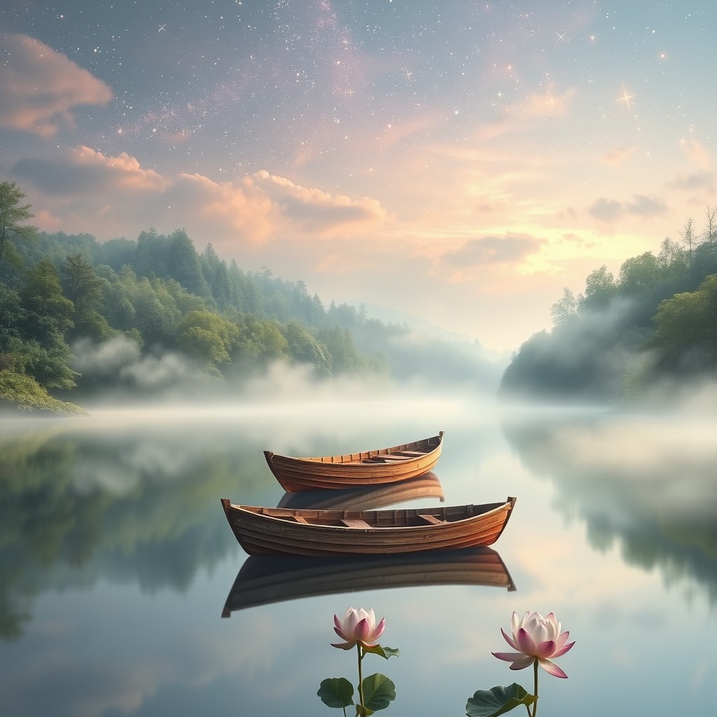 A serene and dreamy landscape featuring a tranquil lake surrounded by lush, enchanted forests under a starlit sky