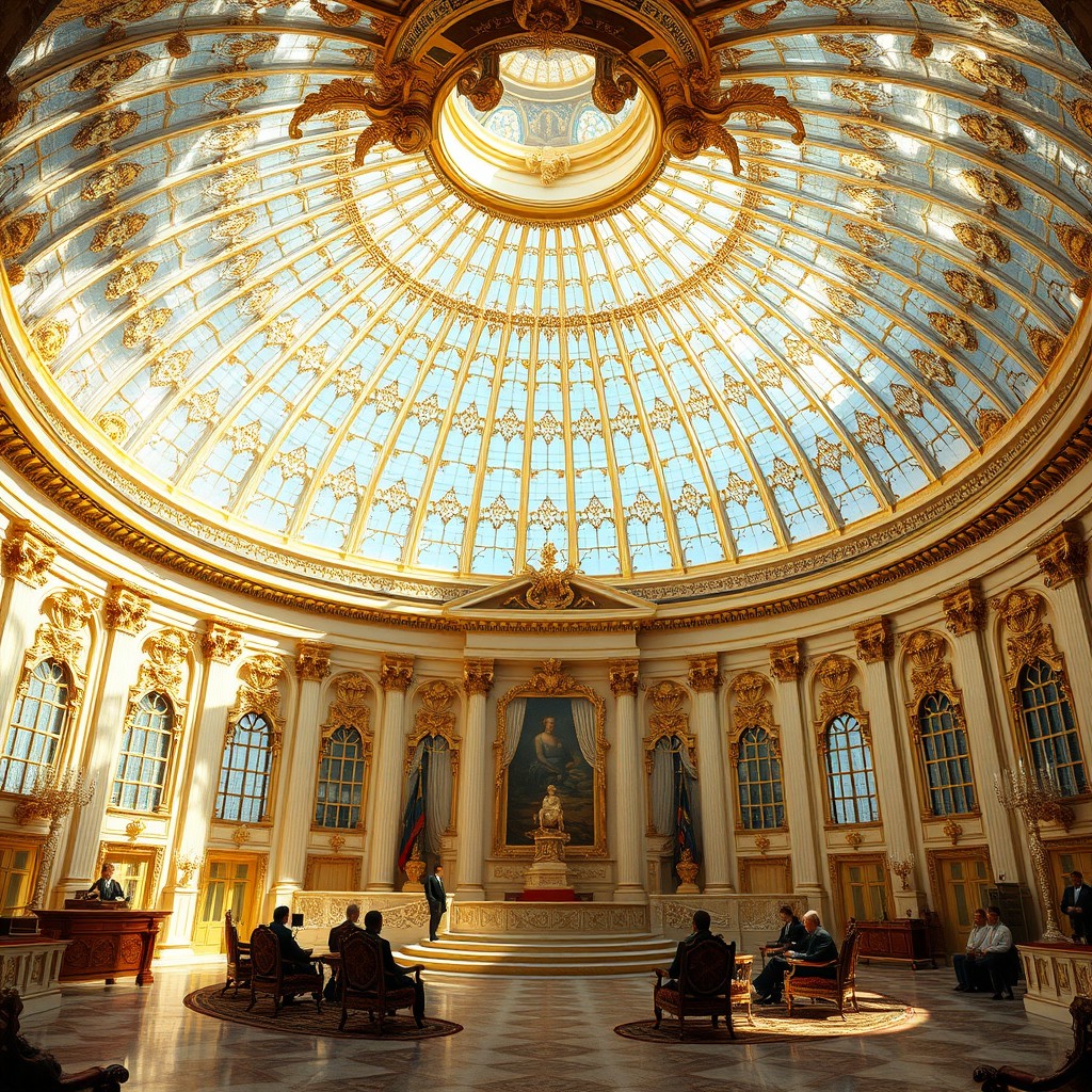 An opulent interior of a crystal dome, lavishly detailed and abundantly bright as if it were a luxurious sunroom