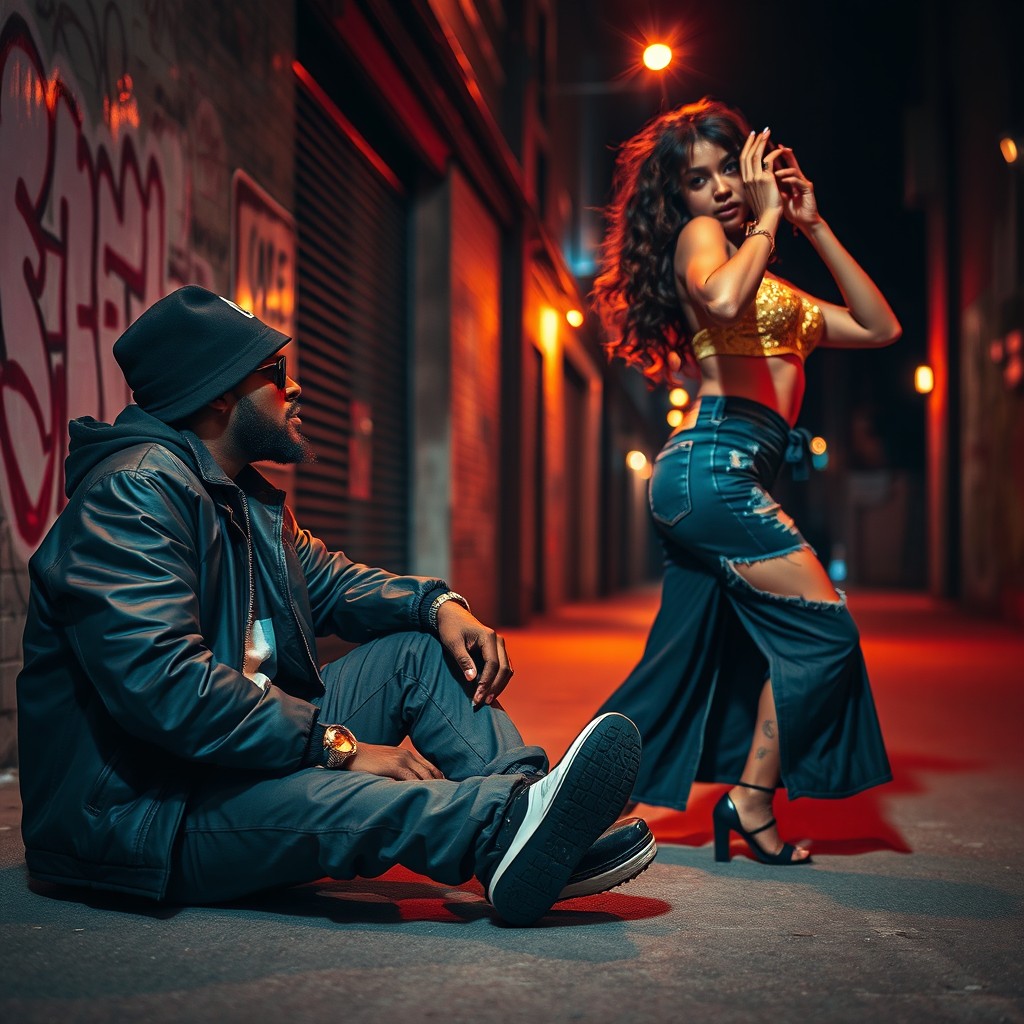 A stylish Black gangster sitting on the ground, watching a woman dancing with vibrant movements, accentuating her curves