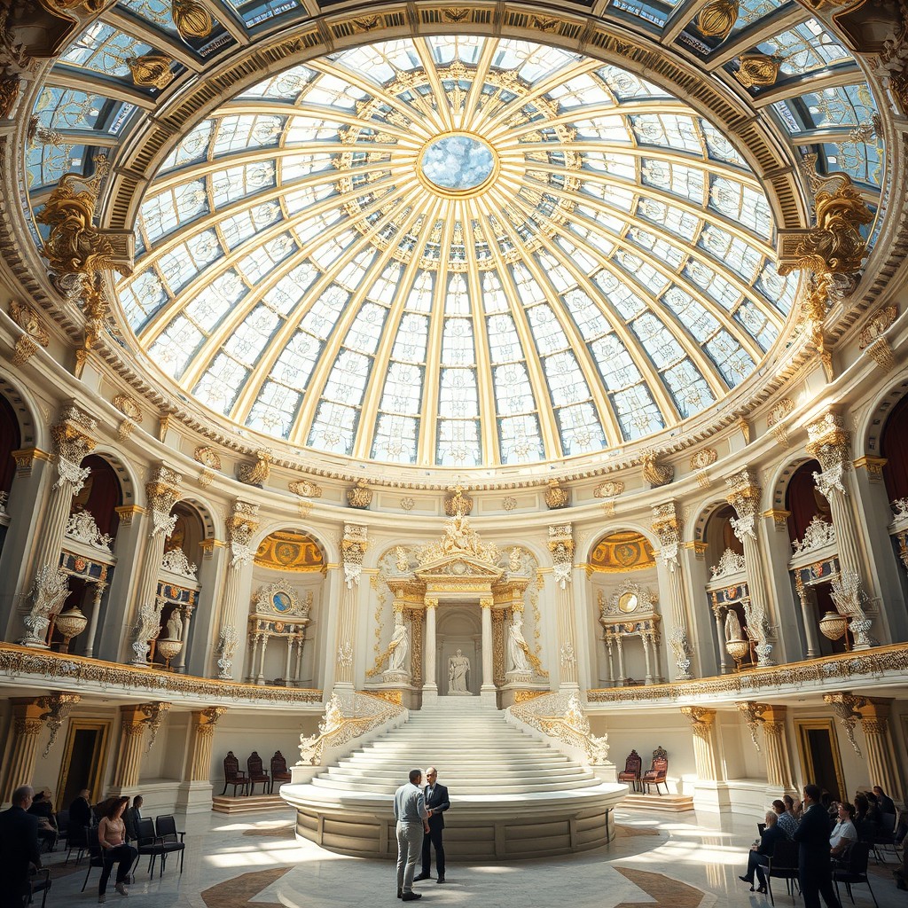 An opulent crystal dome interior featuring impressive crystal thrones instead of statues