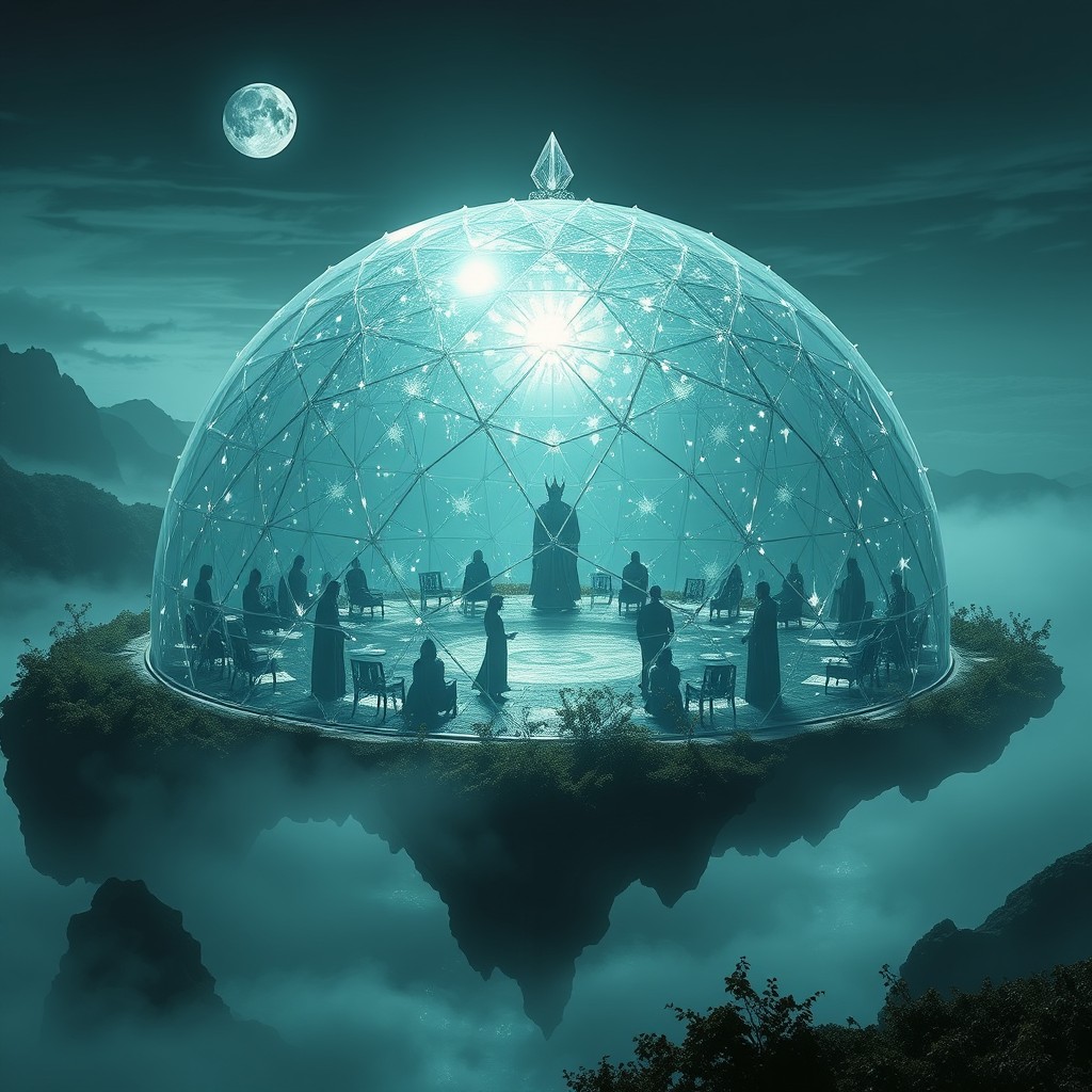 An exterior view of the Cúpula de Cristal, a colossal translucent structure crafted from lunar crystal, located at the geometric center of a floating island above the Lago Espectral