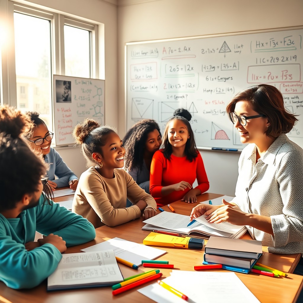 A vibrant and engaging classroom scene with students of diverse backgrounds enthusiastically participating in a math lesson