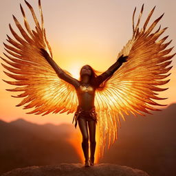 A young girl transformed into a radiant phoenix, sporting polished golden armour, with fiery wings extended against a sunset backdrop.