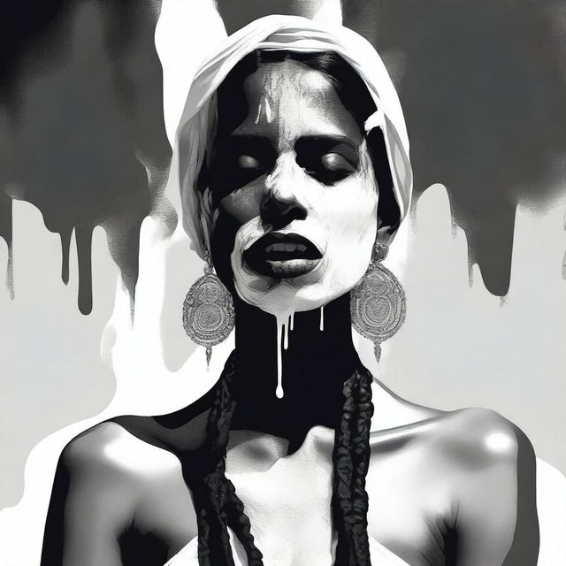 A provocative digital art piece featuring an Indian woman with a thick white substance cascading over her mouth, neck, and her black bikini