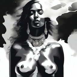 A provocative digital art piece featuring an Indian woman with a thick white substance cascading over her mouth, neck, and her black bikini