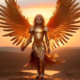 A young girl transformed into a radiant phoenix, sporting polished golden armour, with fiery wings extended against a sunset backdrop.