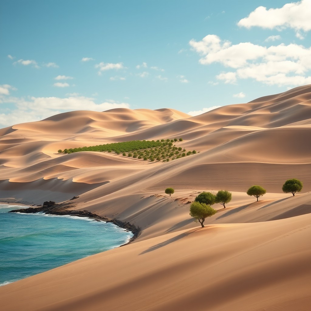 A panoramic coastal semi-desert landscape in a realistic 8K photographic style