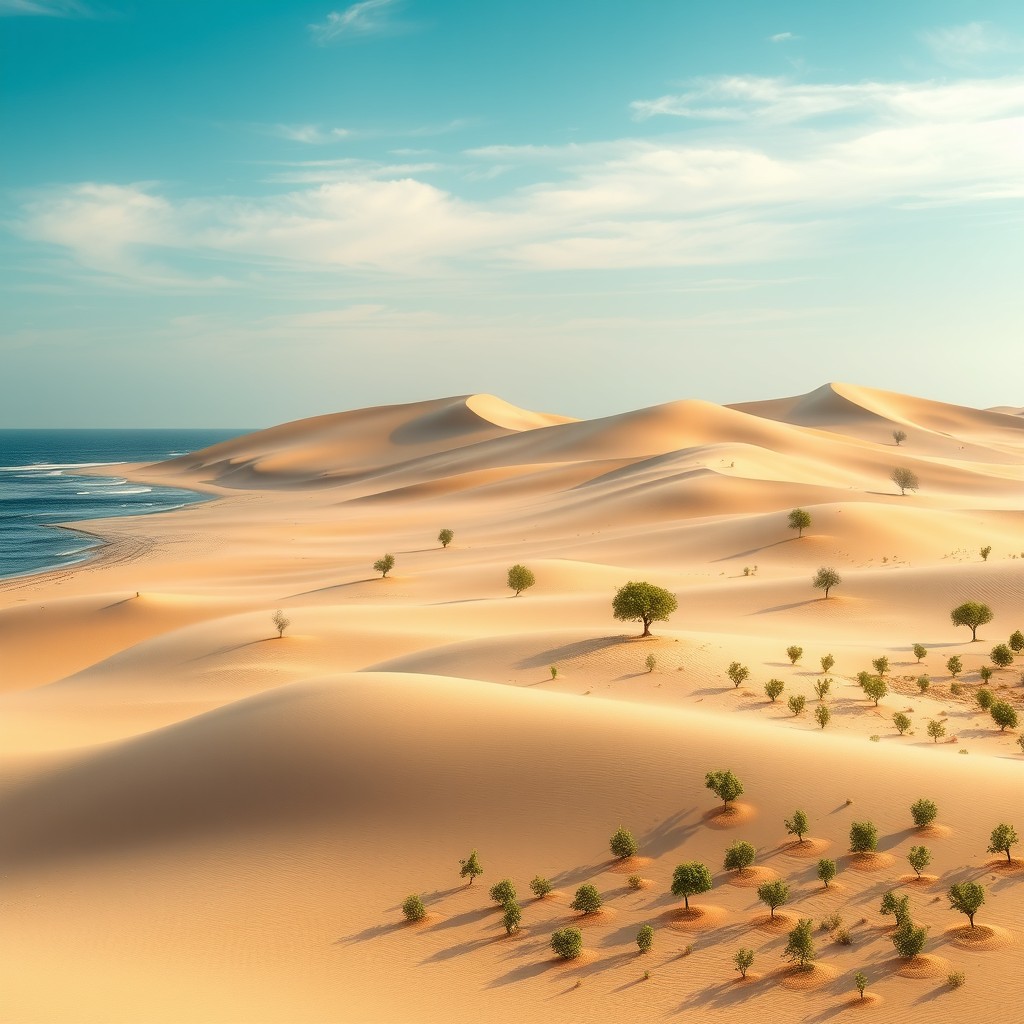A semi-desert coastal scene with a calm sea on the left side of the image