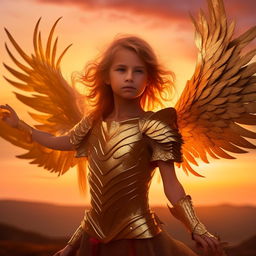 A young girl transformed into a radiant phoenix, sporting polished golden armour, with fiery wings extended against a sunset backdrop.