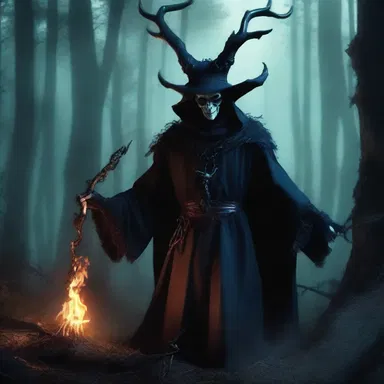 In the dark forest, the mephistophelian sorcerer cast wicked spells to gain control over the kingdom.