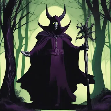 In the dark forest, the mephistophelian sorcerer cast wicked spells to gain control over the kingdom.