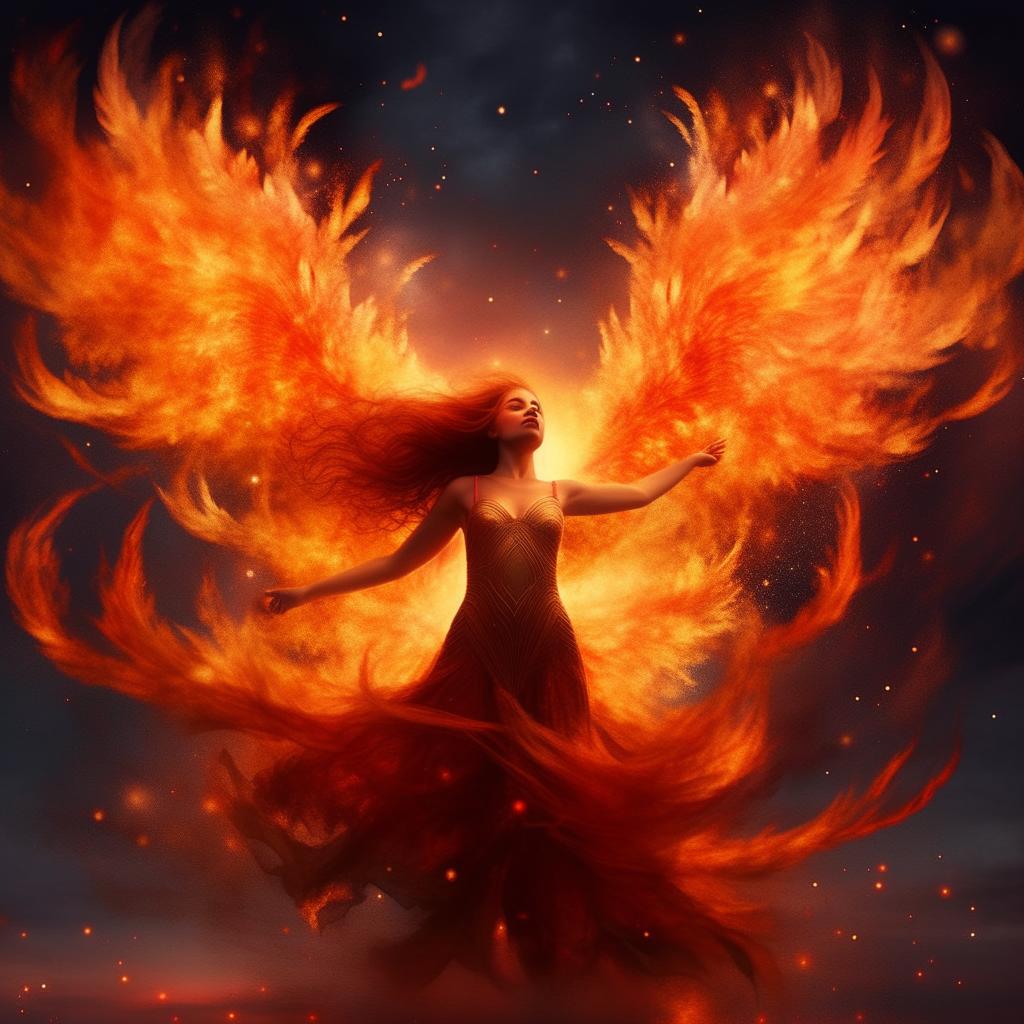 Majestic image of a girl embodying a Phoenix, surrounded by vibrant flames, flying in a mesmerizing night sky.