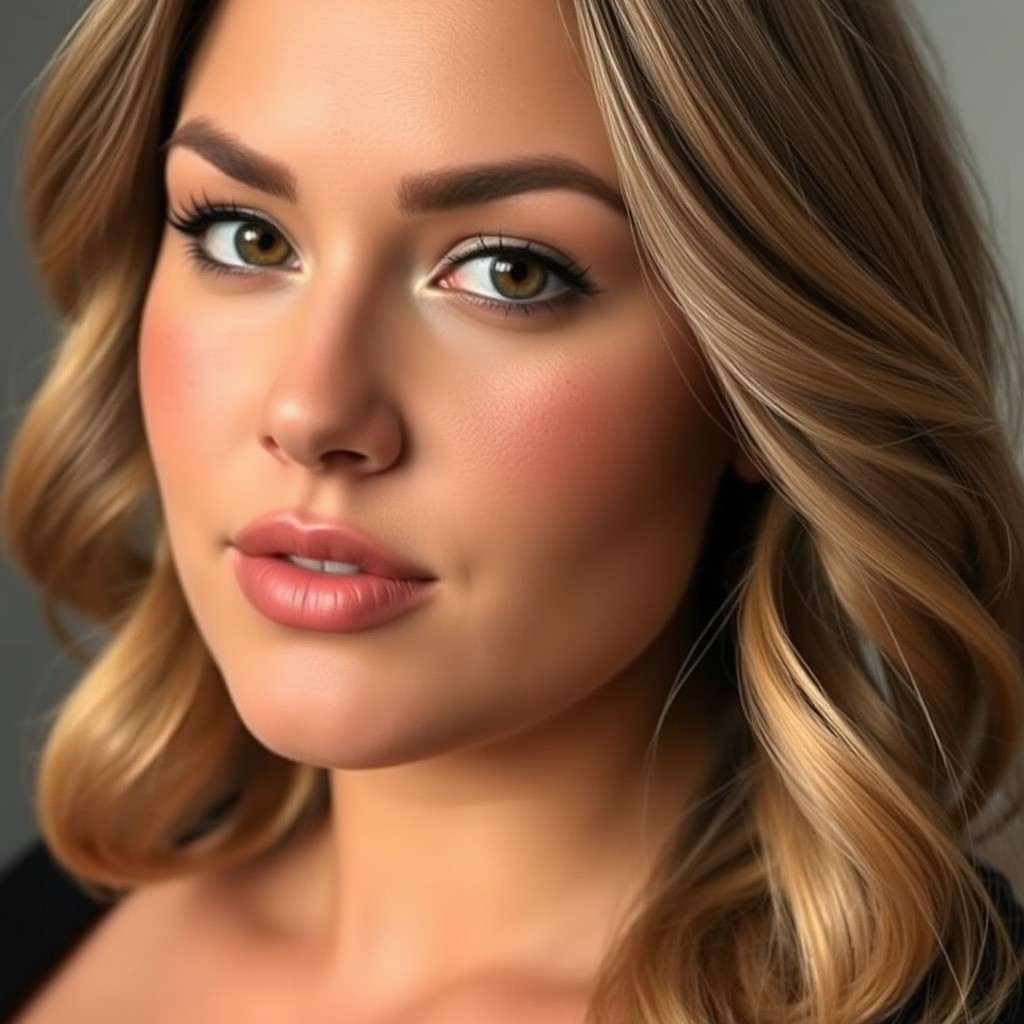 A curvy woman, 35 years old, with striking hazel eyes and sprinkled freckles across her cheeks