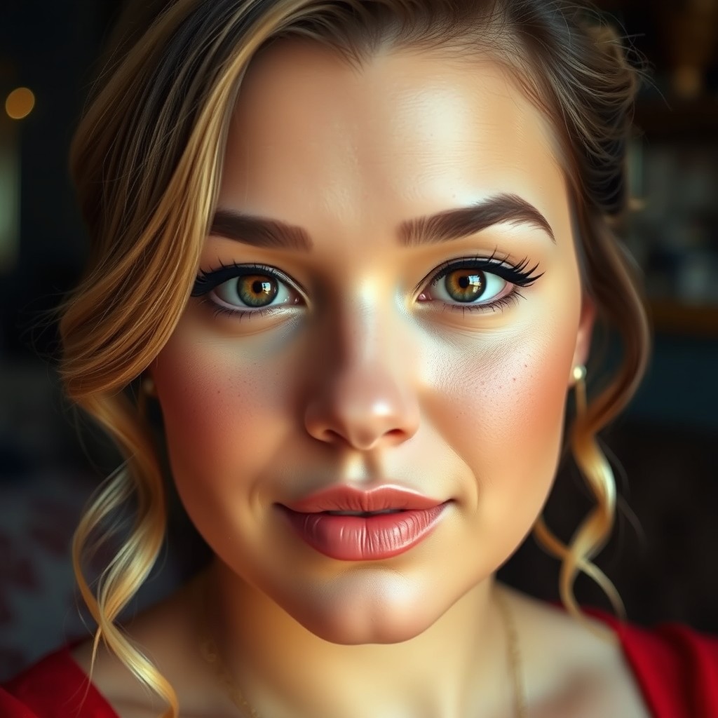 A curvy woman with captivating hazel eyes, adorned with charming freckles on her cheeks