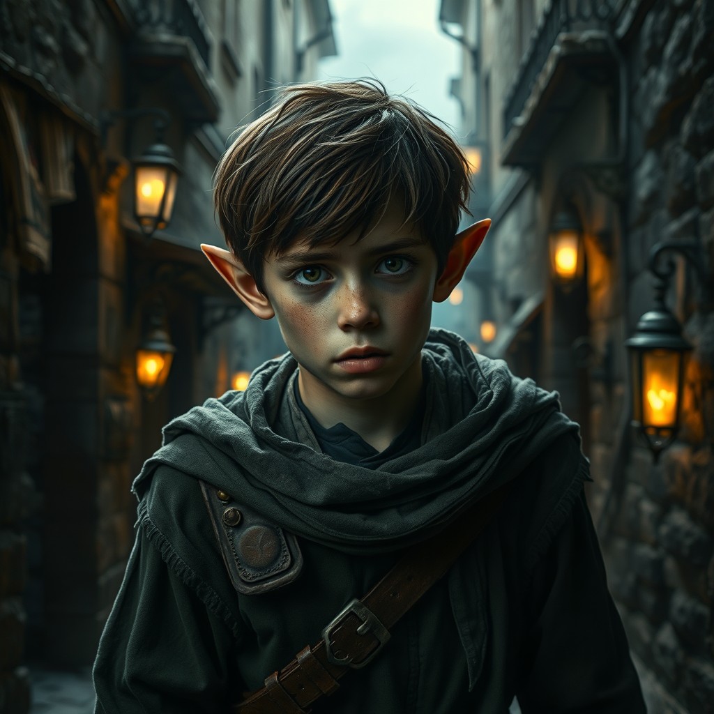 A teenage half-elf boy dressed in ragged medieval clothing, looking frightened as he hides in the shadows of a dimly lit, rundown city alley