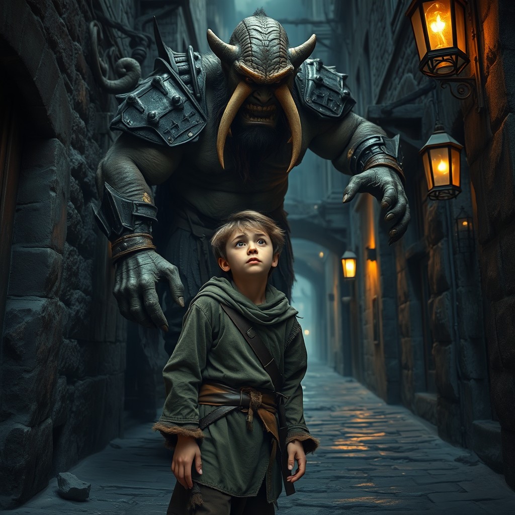 A teenage boy, dressed in tattered medieval clothing, appears frightened as he stands in a dark and rundown city alley